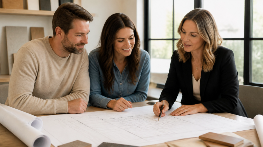 Homeowners reviewing custom home plans with a builder in Asheville NC