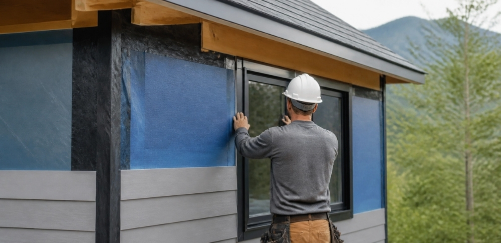 Building envelope construction and window installation on a mountain home