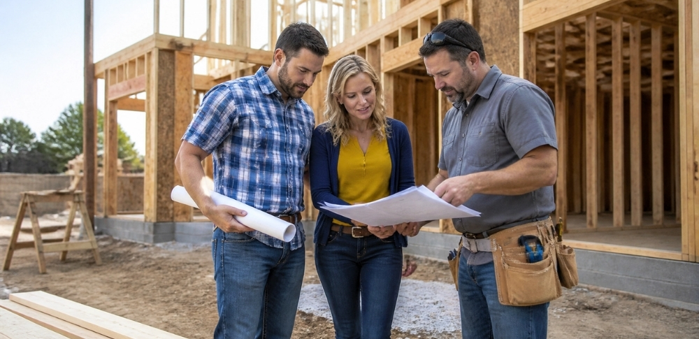 Homeowners reviewing plans with a general contractor in Asheville, NC